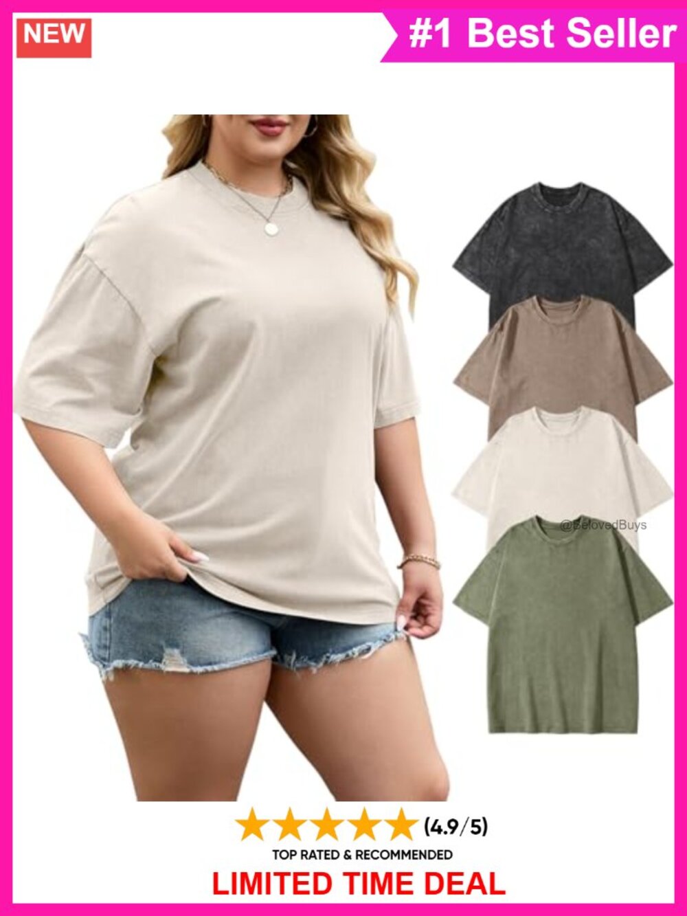 Oversized Vintage Wash T-Shirt 4-Pack Cotton Plus Size Crew Neck Tee